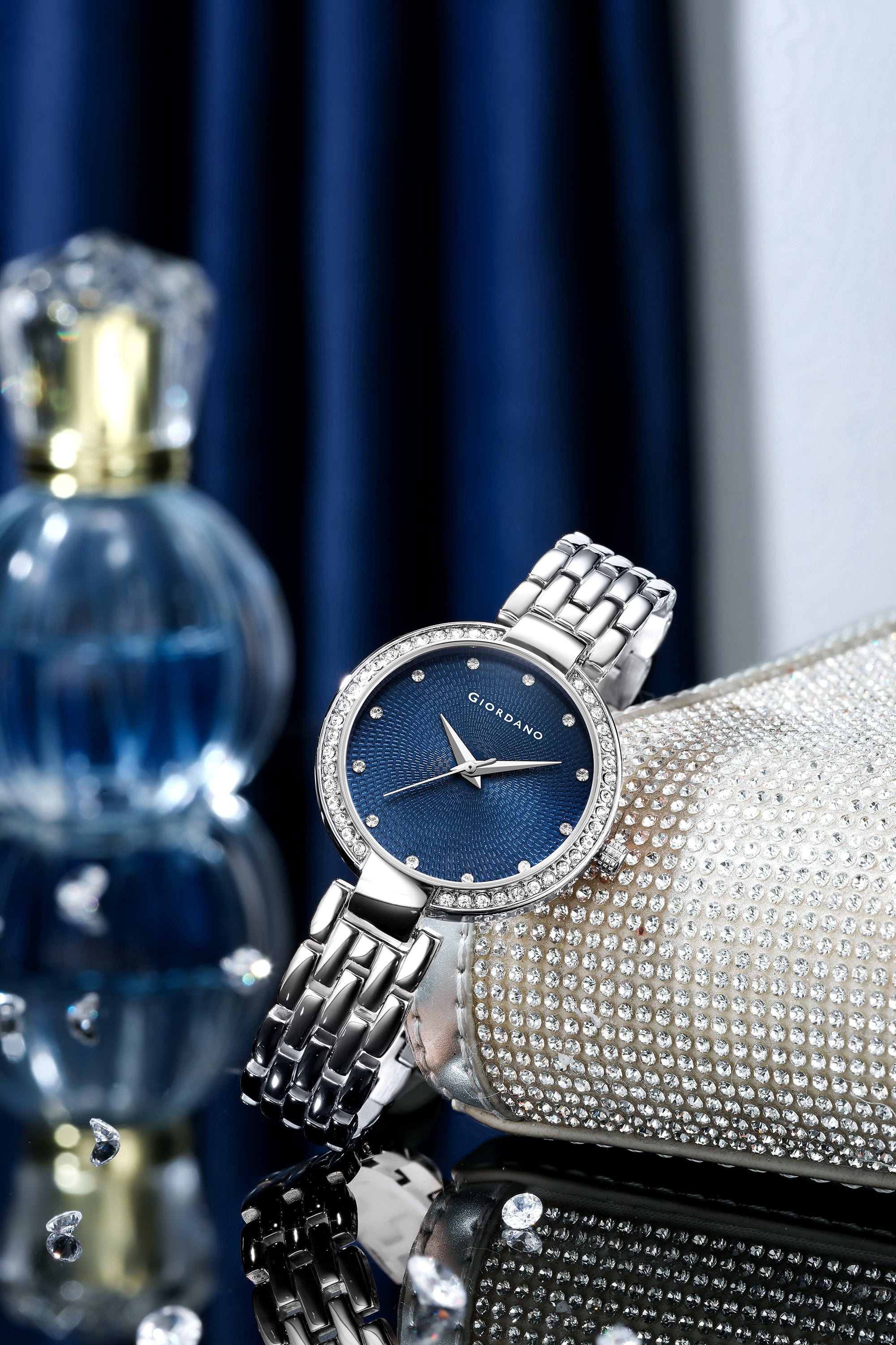 Giordano Analog Watch for Women with Diamond Indices, Stainless Steel Strap and Crystal Embellished Bezel | GD-2141-44